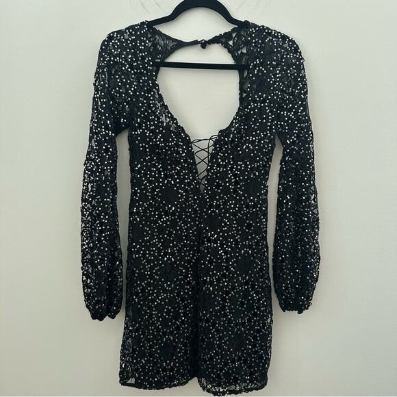 For Love & Lemons Clara Mini Dress Lace Front Black Sequin Dress Size Small - Picture 4 of 9